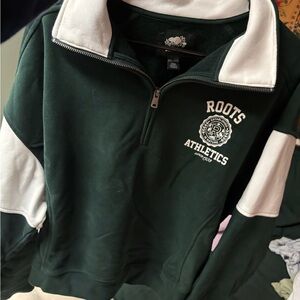 Roots Dark Green and White Quarter-Zip Pullover
